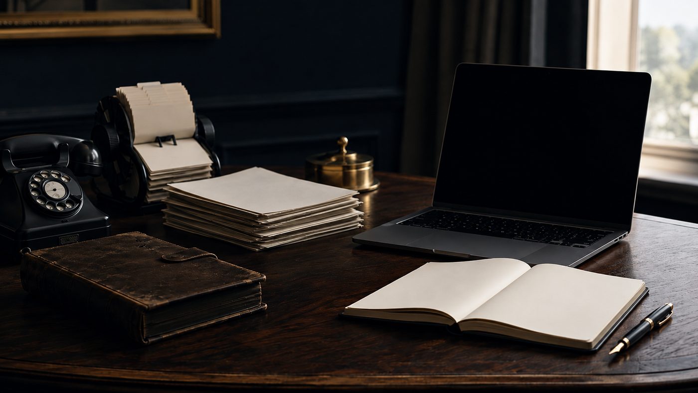 A desk where the old tools of a sales career, a rotary phone, a card file, and paper quotes, sit beside a laptop and a blank notebook
